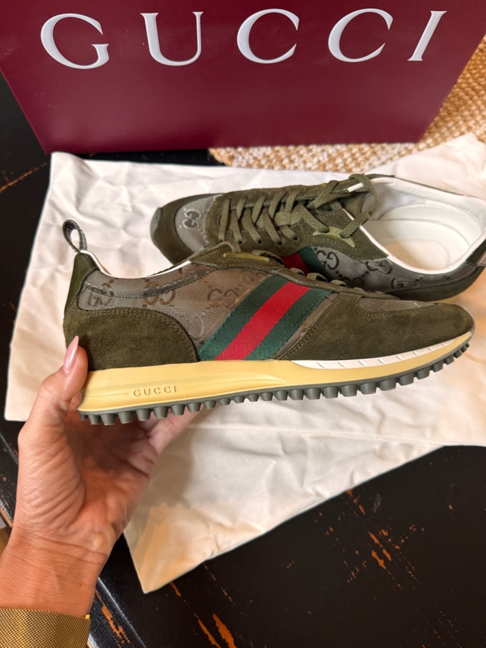 Gucci Olive Suede Runner with Red-Green Web Stripe - Picture 2 of 8